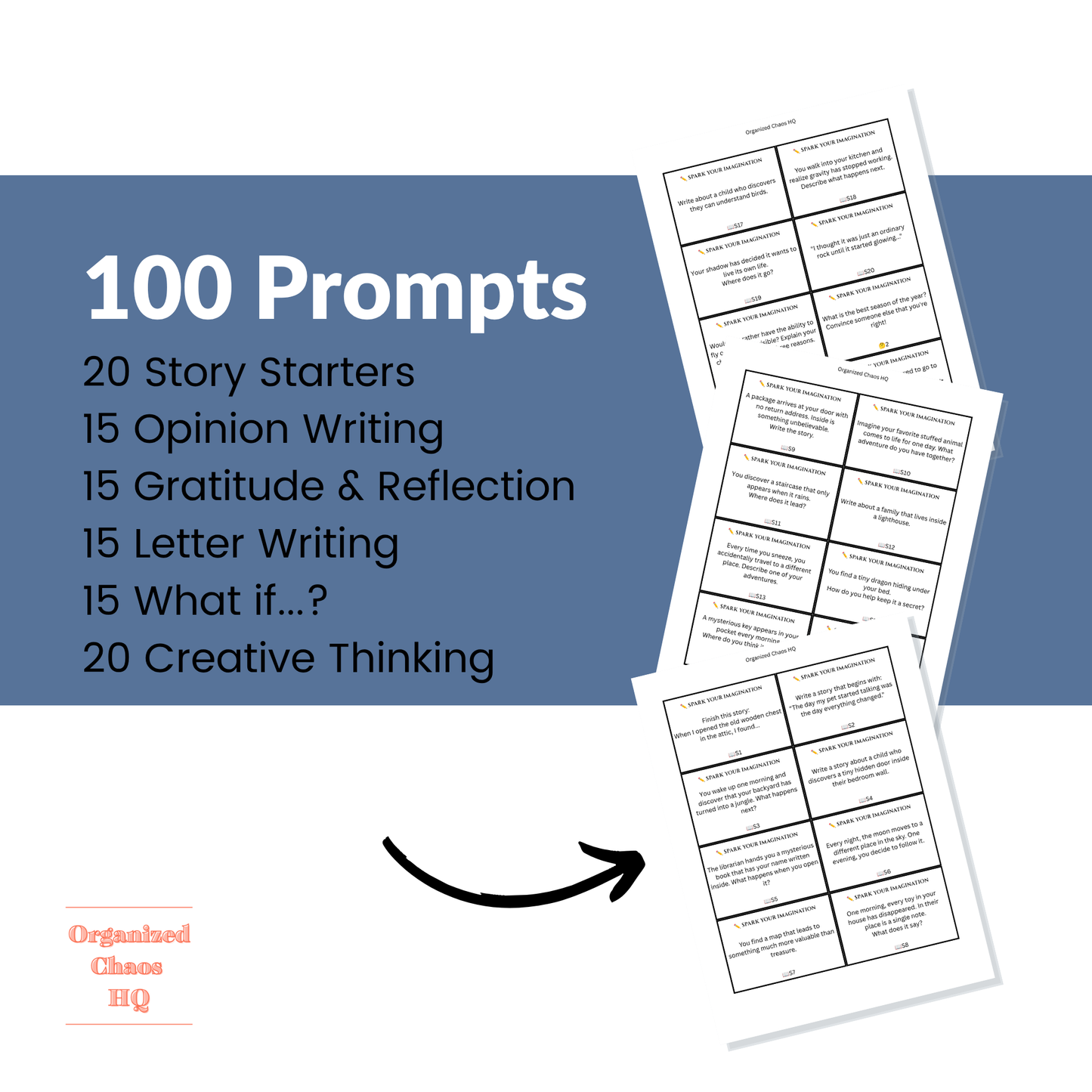 Spark Your Imagination Writing Prompt Cards | 100 Printable Writing Prompts for Kids | Homeschool Language Arts, Creative Writing & Morning Basket